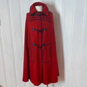 Vintage ELLE B Red Wool Cape w/ Navy Trim & Hood | Made in Canada